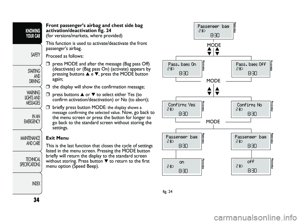 FIAT DUCATO 2010  Owner handbook (in English) 34
KNOWING 
YOUR CAR
SAFETY
STARTING 
AND 
DRIVING
WARNING 
LIGHTS AND 
MESSAGES
IN AN 
EMERGENCY
MAINTENANCE 
AND CARE
TECHNICAL 
SPECIFICATIONS
INDEX
MODE
MODE
MODE
▼ ▲
▼ ▲
▼ ▲
▼ ▲
F