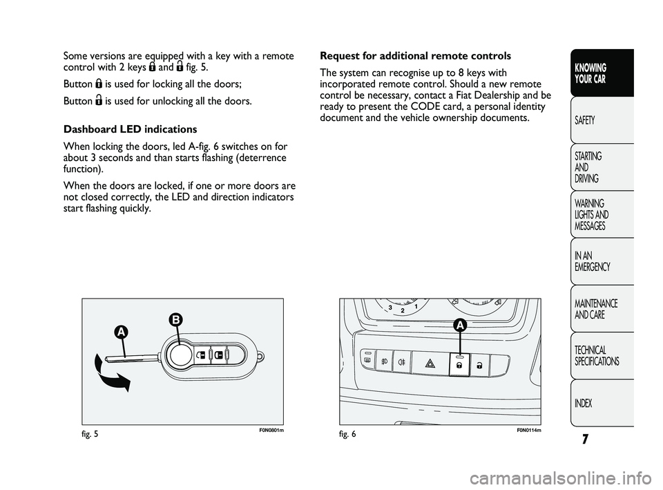 FIAT DUCATO 2010  Owner handbook (in English) 7
KNOWING 
YOUR CAR
SAFETY
STARTING 
AND 
DRIVING
WARNING 
LIGHTS AND 
MESSAGES
IN AN 
EMERGENCY
MAINTENANCE 
AND CARE
TECHNICAL 
SPECIFICATIONS
INDEX
F0N0801mfig. 5F0N0114mfig. 6
Request for addition