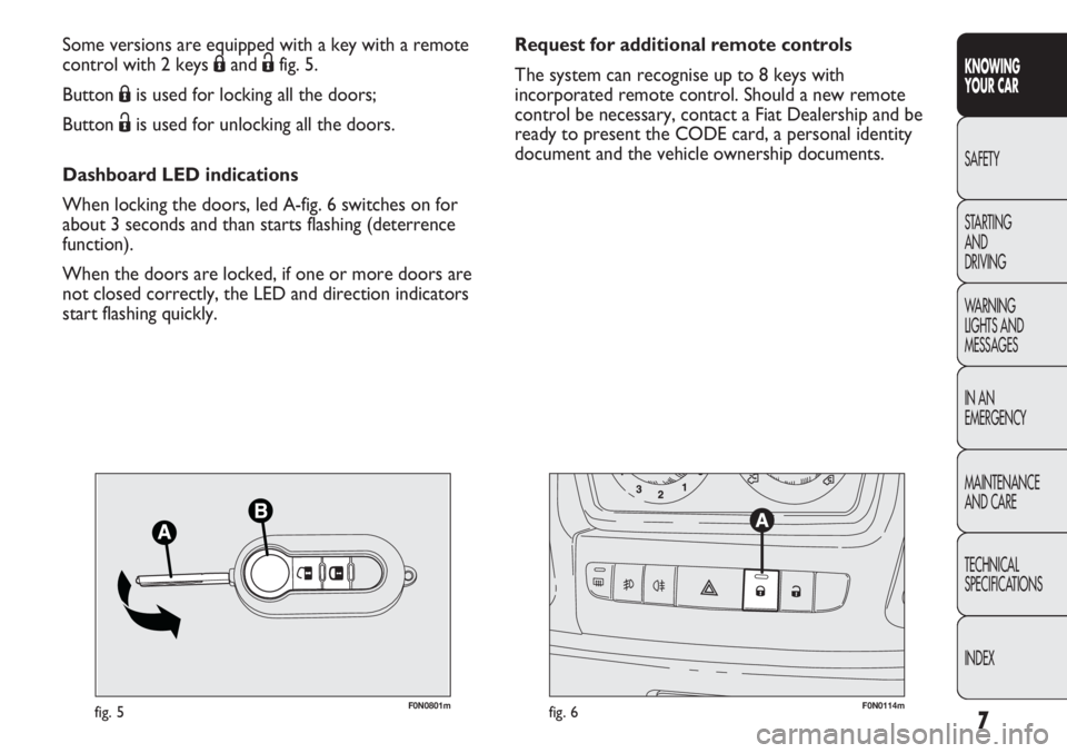 FIAT DUCATO 2011  Owner handbook (in English) 7
KNOWING
YOUR CAR
SAFETY
STARTING 
AND
DRIVING
WARNING 
LIGHTS AND 
MESSAGES
IN AN 
EMERGENCY
MAINTENANCE
AND CARE
TECHNICAL
SPECIFICATIONS
INDEX
F0N0801mfig. 5F0N0114mfig. 6
Request for additional r