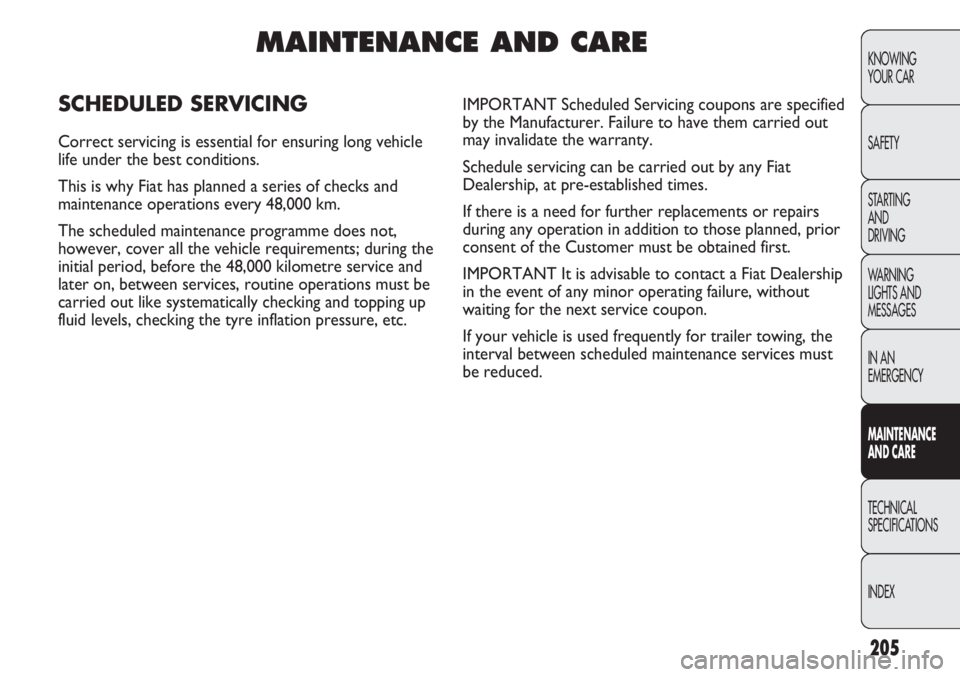 FIAT DUCATO 2011  Owner handbook (in English) 205
KNOWING
YOUR CAR
SAFETY
STARTING 
AND
DRIVING
WARNING 
LIGHTS AND 
MESSAGES
IN AN 
EMERGENCY
MAINTENANCE
AND CARE
TECHNICAL
SPECIFICATIONS
INDEX
MAINTENANCE AND CARE
SCHEDULED SERVICING
Correct se