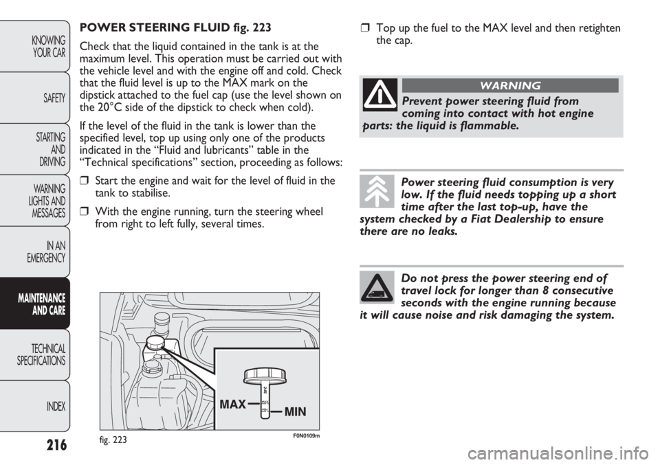 FIAT DUCATO 2011  Owner handbook (in English) F0N0109mfig. 223
POWER STEERING FLUID fig. 223
Check that the liquid contained in the tank is at the
maximum level. This operation must be carried out with
the vehicle level and with the engine off an