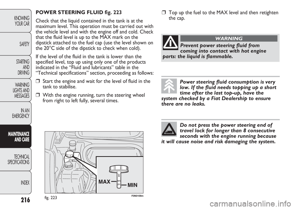 FIAT DUCATO 2011  Owner handbook (in English) F0N0109mfig. 223
POWER STEERING FLUID fig. 223
Check that the liquid contained in the tank is at the
maximum level. This operation must be carried out with
the vehicle level and with the engine off an