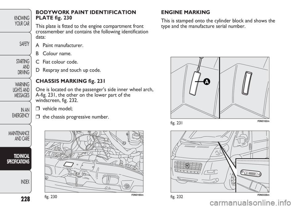 FIAT DUCATO 2011 Owner handbook (in English) 228
KNOWING
YOUR CAR
SAFETY
STARTING
AND
DRIVING
WARNING
LIGHTS AND
MESSAGES
IN AN
EMERGENCY
MAINTENANCE
AND CARE
TECHNICAL
SPECIFICATIONS
INDEX
F0N0160mfig. 230F0N0338mfig. 232
F0N0162mfig. 231
E FIAT DUCATO 2011 Owner handbook (in English) 228
KNOWING
YOUR CAR
SAFETY
STARTING
AND
DRIVING
WARNING
LIGHTS AND
MESSAGES
IN AN
EMERGENCY
MAINTENANCE
AND CARE
TECHNICAL
SPECIFICATIONS
INDEX
F0N0160mfig. 230F0N0338mfig. 232
F0N0162mfig. 231
E