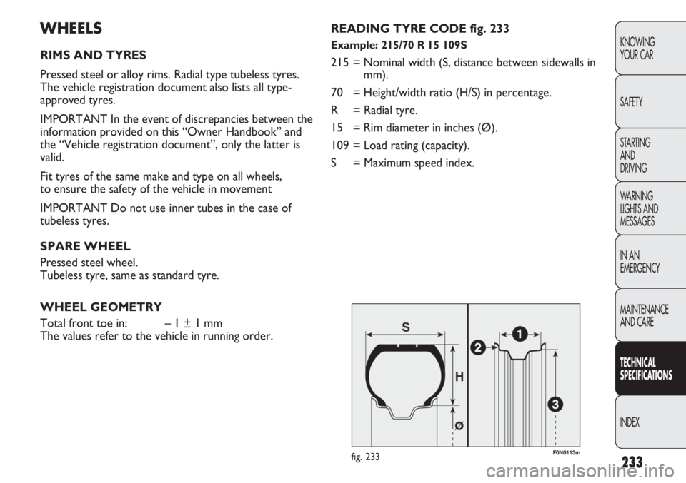 FIAT DUCATO 2011  Owner handbook (in English) 233
KNOWING
YOUR CAR
SAFETY
STARTING 
AND
DRIVING
WARNING 
LIGHTS AND 
MESSAGES
IN AN 
EMERGENCY
MAINTENANCE
AND CARE
TECHNICAL
SPECIFICATIONS
INDEX
WHEELS
RIMS AND TYRES
Pressed steel or alloy rims. 