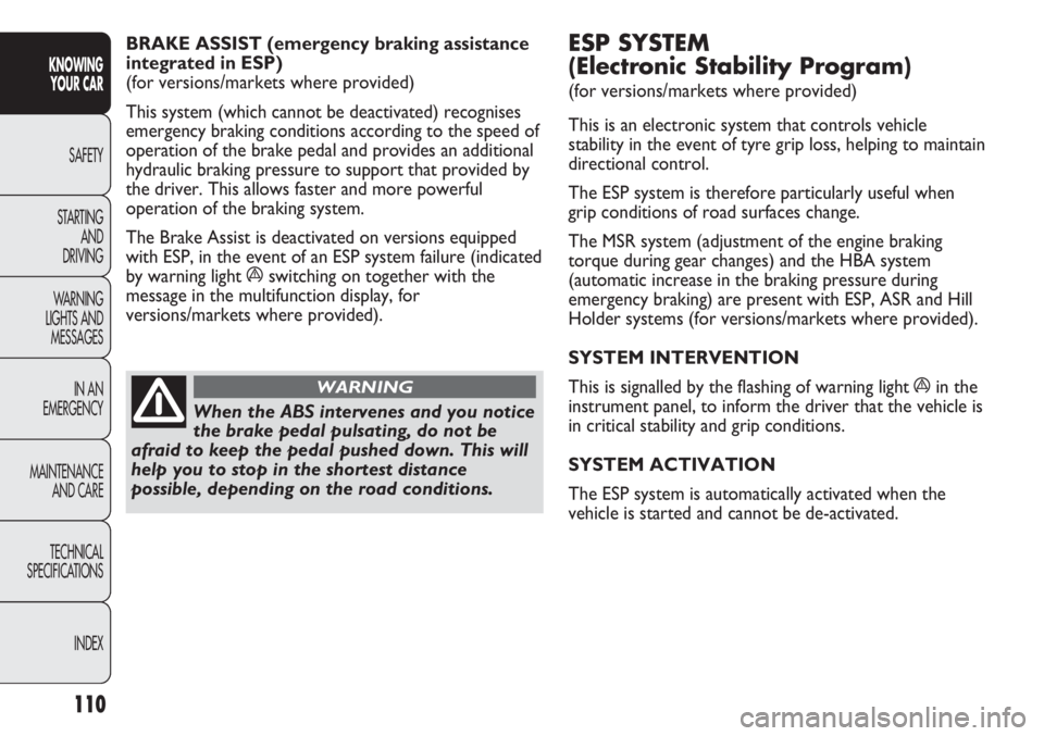 FIAT DUCATO 2012  Owner handbook (in English) 110
KNOWING
YOUR CAR
SAFETY
STARTING 
AND
DRIVING
WARNING 
LIGHTS AND 
MESSAGES
IN AN 
EMERGENCY
MAINTENANCE
AND CARE
TECHNICAL
SPECIFICATIONS
INDEX
ESP SYSTEM 
(Electronic Stability Program) 
(for ve