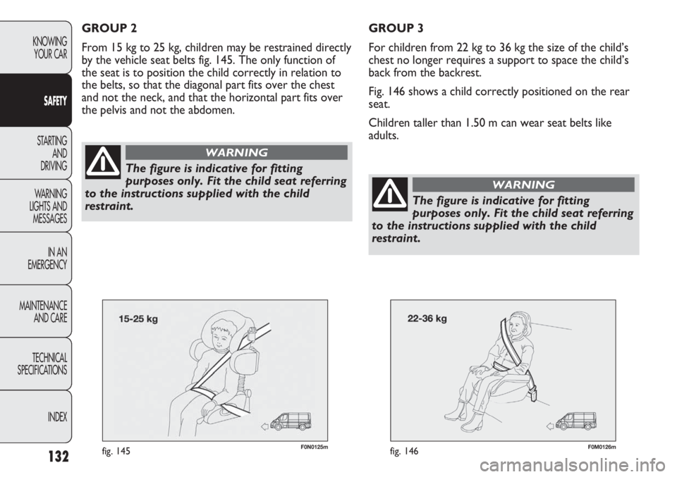 FIAT DUCATO 2012 Owner handbook (in English) 132
KNOWING
YOUR CAR
SAFETY
STARTING
AND
DRIVING
WARNING
LIGHTS AND
MESSAGES
IN AN
EMERGENCY
MAINTENANCE
AND CARE
TECHNICAL
SPECIFICATIONS
INDEX
F0N0125mfig. 145F0M0126mfig. 146
GROUP 3
For childr FIAT DUCATO 2012 Owner handbook (in English) 132
KNOWING
YOUR CAR
SAFETY
STARTING
AND
DRIVING
WARNING
LIGHTS AND
MESSAGES
IN AN
EMERGENCY
MAINTENANCE
AND CARE
TECHNICAL
SPECIFICATIONS
INDEX
F0N0125mfig. 145F0M0126mfig. 146
GROUP 3
For childr
