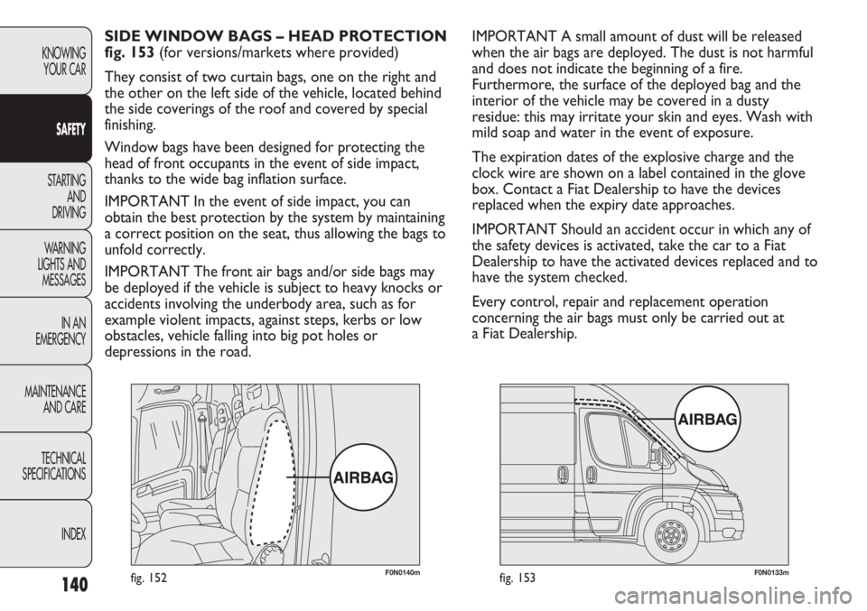 FIAT DUCATO 2012 Owner handbook (in English) 140
KNOWING
YOUR CAR
SAFETY
STARTING
AND
DRIVING
WARNING
LIGHTS AND
MESSAGES
IN AN
EMERGENCY
MAINTENANCE
AND CARE
TECHNICAL
SPECIFICATIONS
INDEX
F0N0140mfig. 152F0N0133mfig. 153
IMPORTANT A small FIAT DUCATO 2012 Owner handbook (in English) 140
KNOWING
YOUR CAR
SAFETY
STARTING
AND
DRIVING
WARNING
LIGHTS AND
MESSAGES
IN AN
EMERGENCY
MAINTENANCE
AND CARE
TECHNICAL
SPECIFICATIONS
INDEX
F0N0140mfig. 152F0N0133mfig. 153
IMPORTANT A small