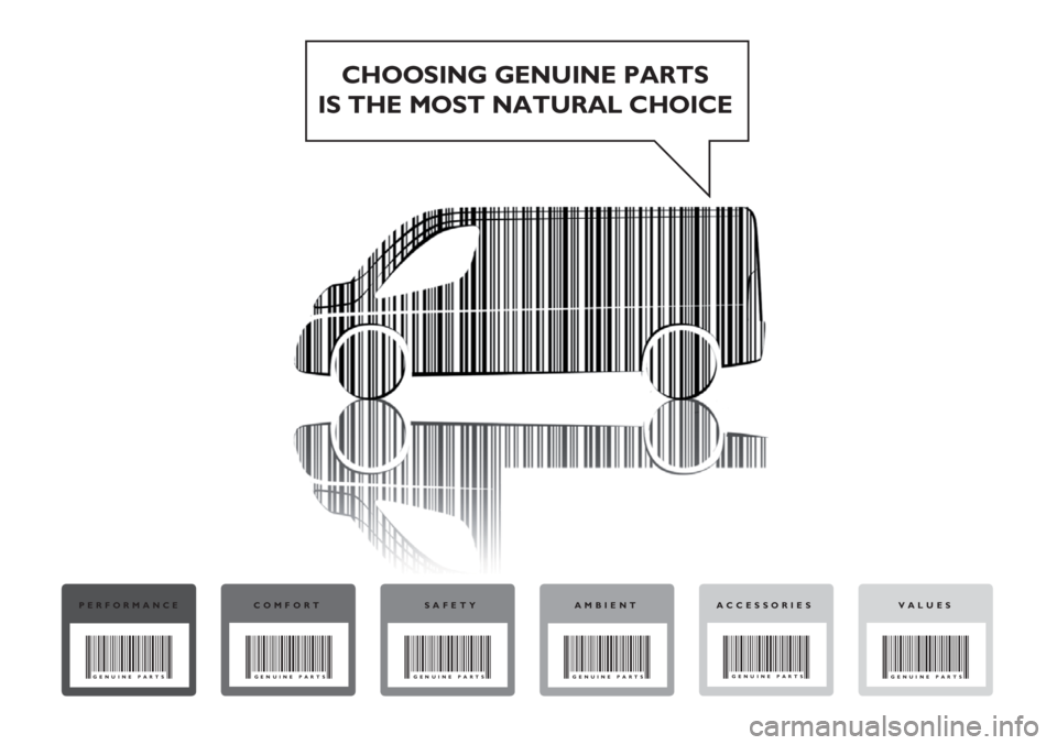 FIAT DUCATO 2012 Owner handbook (in English) CHOOSING GENUINE PARTS
IS THE MOST NATURAL CHOICE
PERFORMANCE
GENUINE PARTS
COMFORT
GENUINE PARTS
SAFETY
GENUINE PARTS
AMBIENT
GENUINE PARTS
VALUES
GENUINE PARTS
ACCESSORIES
GENUINE PARTS FIAT DUCATO 2012 Owner handbook (in English) CHOOSING GENUINE PARTS
IS THE MOST NATURAL CHOICE
PERFORMANCE
GENUINE PARTS
COMFORT
GENUINE PARTS
SAFETY
GENUINE PARTS
AMBIENT
GENUINE PARTS
VALUES
GENUINE PARTS
ACCESSORIES
GENUINE PARTS