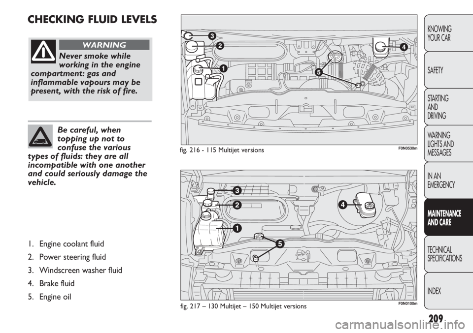 FIAT DUCATO 2012  Owner handbook (in English) 209
KNOWING
YOUR CAR
SAFETY
STARTING 
AND
DRIVING
WARNING 
LIGHTS AND 
MESSAGES
IN AN 
EMERGENCY
MAINTENANCE
AND CARE
TECHNICAL
SPECIFICATIONS
INDEX
CHECKING FLUID LEVELS
fig. 217 – 130 Multijet –