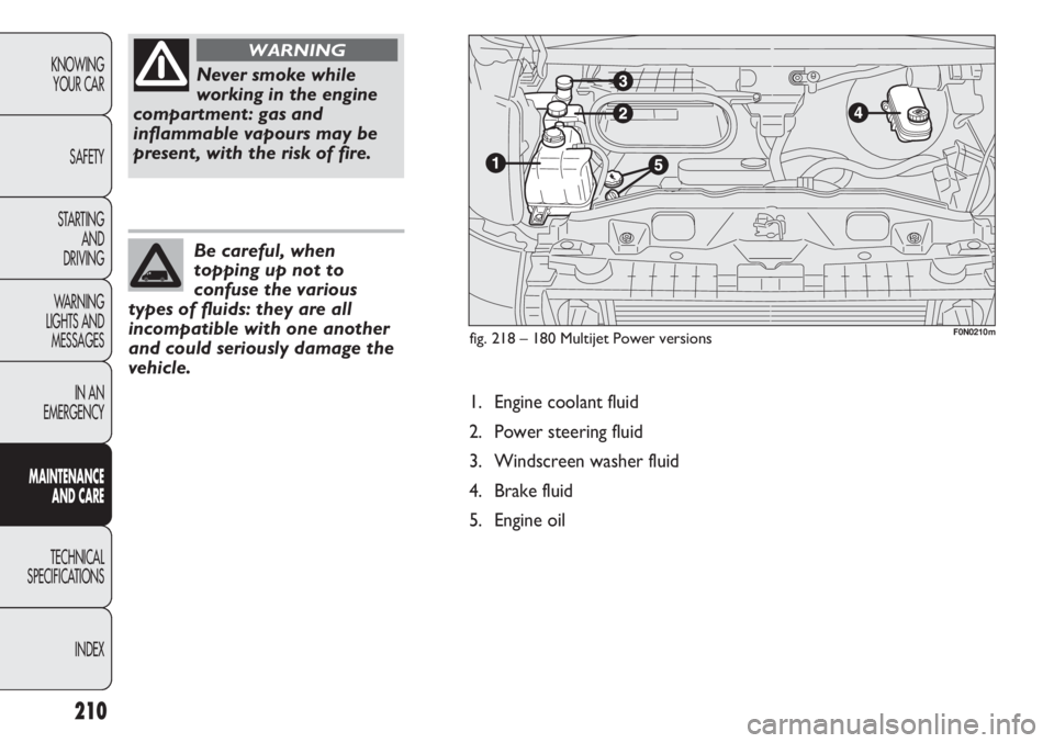 FIAT DUCATO 2012 Owner handbook (in English) 210
KNOWING
YOUR CAR
SAFETY
STARTING
AND
DRIVING
WARNING
LIGHTS AND
MESSAGES
IN AN
EMERGENCY
MAINTENANCE
AND CARE
TECHNICAL
SPECIFICATIONS
INDEX
Be careful, when
topping up not to
confuse the vari FIAT DUCATO 2012 Owner handbook (in English) 210
KNOWING
YOUR CAR
SAFETY
STARTING
AND
DRIVING
WARNING
LIGHTS AND
MESSAGES
IN AN
EMERGENCY
MAINTENANCE
AND CARE
TECHNICAL
SPECIFICATIONS
INDEX
Be careful, when
topping up not to
confuse the vari