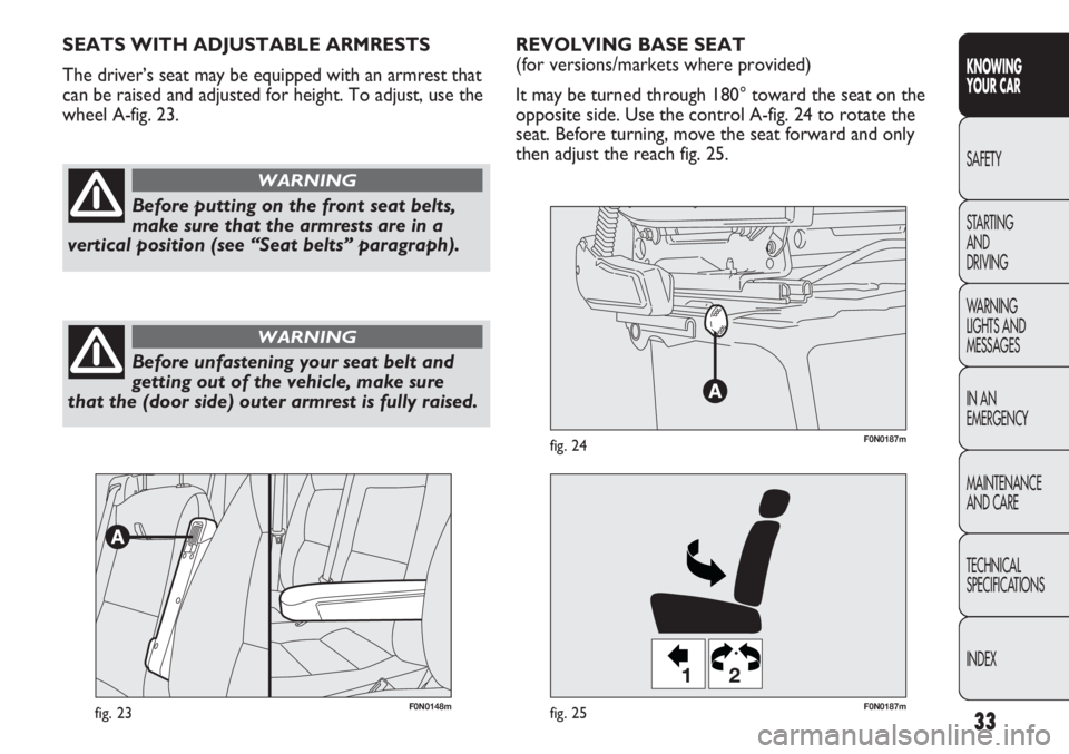 FIAT DUCATO 2012  Owner handbook (in English) 33
KNOWING
YOUR CAR
SAFETY
STARTING 
AND
DRIVING
WARNING 
LIGHTS AND 
MESSAGES
IN AN 
EMERGENCY
MAINTENANCE
AND CARE
TECHNICAL
SPECIFICATIONS
INDEX
F0N0148mfig. 23
12
F0N0187mfig. 25
F0N0187mfig. 24
R