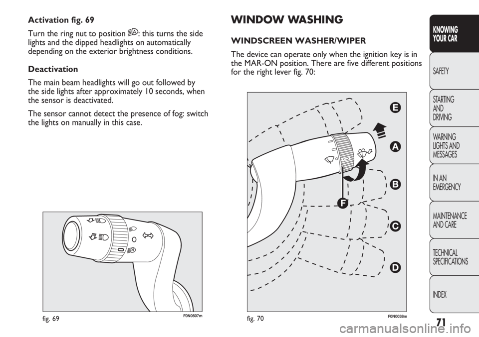 FIAT DUCATO 2012  Owner handbook (in English) 71
KNOWING
YOUR CAR
SAFETY
STARTING 
AND
DRIVING
WARNING 
LIGHTS AND 
MESSAGES
IN AN 
EMERGENCY
MAINTENANCE
AND CARE
TECHNICAL
SPECIFICATIONS
INDEX
F0N0507mfig. 69
WINDOW WASHING
WINDSCREEN WASHER/WIP