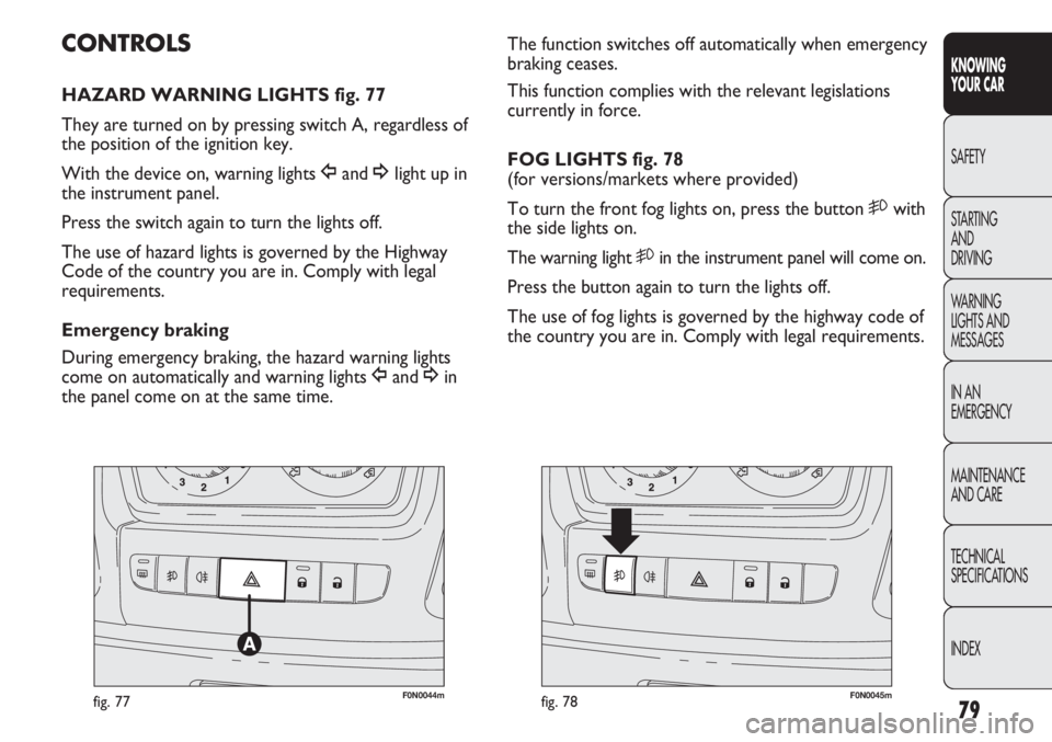 FIAT DUCATO 2012 Owner handbook (in English) 79
KNOWING
YOUR CAR
SAFETY
STARTING
AND
DRIVING
WARNING
LIGHTS AND
MESSAGES
IN AN
EMERGENCY
MAINTENANCE
AND CARE
TECHNICAL
SPECIFICATIONS
INDEX
F0N0044mfig. 77F0N0045mfig. 78
The function switches FIAT DUCATO 2012 Owner handbook (in English) 79
KNOWING
YOUR CAR
SAFETY
STARTING
AND
DRIVING
WARNING
LIGHTS AND
MESSAGES
IN AN
EMERGENCY
MAINTENANCE
AND CARE
TECHNICAL
SPECIFICATIONS
INDEX
F0N0044mfig. 77F0N0045mfig. 78
The function switches