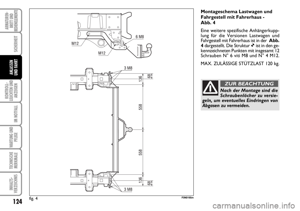 FIAT DUCATO 2006 Betriebsanleitung (in German) 124
KONTROLL-
LEUCHTEN UND
ANZEIGEN
IM NOTFALL
WARTUNG UND
PFLEGE
TECHNISCHE
MERKMALE
INHALTS-
VERZEICHNIS
ARMATUREN-
BRETT UND
BEDIENELEMENTE
SICHERHEIT
ANLASSEN
UND FAHRT
fig. 4F0N0195m
Montageschem FIAT DUCATO 2006 Betriebsanleitung (in German) 124
KONTROLL-
LEUCHTEN UND
ANZEIGEN
IM NOTFALL
WARTUNG UND
PFLEGE
TECHNISCHE
MERKMALE
INHALTS-
VERZEICHNIS
ARMATUREN-
BRETT UND
BEDIENELEMENTE
SICHERHEIT
ANLASSEN
UND FAHRT
fig. 4F0N0195m
Montageschem