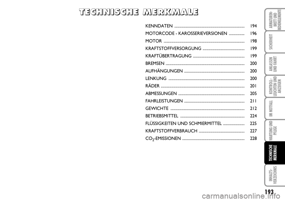 FIAT DUCATO 2006 Betriebsanleitung (in German) 193
KONTROLL-
LEUCHTEN UND
ANZEIGEN
INHALTS-
VERZEICHNIS
ARMATUREN-
BRETT UND
BEDIENELEMENTE
SICHERHEIT
ANLASSEN
UND FAHRT
IM NOTFALL
WARTUNG UND
PFLEGE
TECHNISCHE
MERKMALE
KENNDATEN ................. FIAT DUCATO 2006 Betriebsanleitung (in German) 193
KONTROLL-
LEUCHTEN UND
ANZEIGEN
INHALTS-
VERZEICHNIS
ARMATUREN-
BRETT UND
BEDIENELEMENTE
SICHERHEIT
ANLASSEN
UND FAHRT
IM NOTFALL
WARTUNG UND
PFLEGE
TECHNISCHE
MERKMALE
KENNDATEN .................