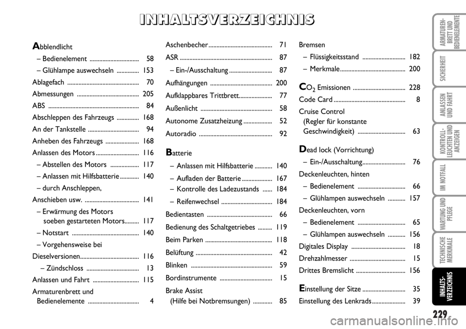FIAT DUCATO 2006 Betriebsanleitung (in German) 229
KONTROLL-
LEUCHTEN UND
ANZEIGEN
ARMATUREN-
BRETT UND
BEDIENELEMENTE
SICHERHEIT
ANLASSEN
UND FAHRT
IM NOTFALL
WARTUNG UND
PFLEGE
TECHNISCHE
MERKMALE
INHALTS-
VERZEICHNIS
Aschenbecher .............. FIAT DUCATO 2006 Betriebsanleitung (in German) 229
KONTROLL-
LEUCHTEN UND
ANZEIGEN
ARMATUREN-
BRETT UND
BEDIENELEMENTE
SICHERHEIT
ANLASSEN
UND FAHRT
IM NOTFALL
WARTUNG UND
PFLEGE
TECHNISCHE
MERKMALE
INHALTS-
VERZEICHNIS
Aschenbecher ..............