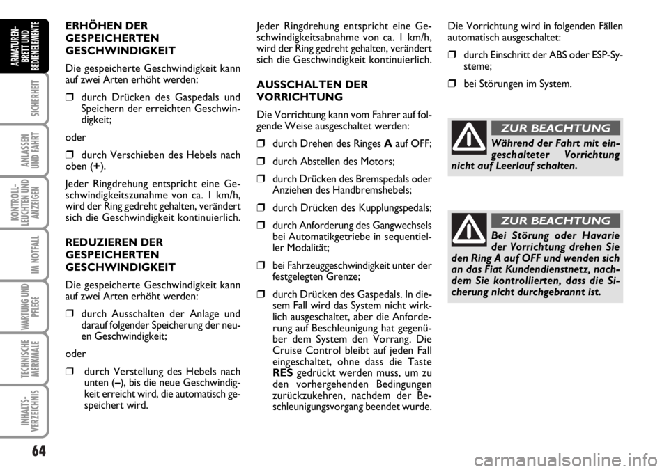 FIAT DUCATO 2006 Betriebsanleitung (in German) 64
SICHERHEIT
ANLASSEN
UND FAHRT
KONTROLL-
LEUCHTEN UND
ANZEIGEN
IM NOTFALL
WARTUNG UND
PFLEGE
TECHNISCHE
MERKMALE
INHALTS-
VERZEICHNIS
ARMATUREN-
BRETT UND
BEDIENELEMENTE
ERHÖHEN DER
GESPEICHERTEN
G FIAT DUCATO 2006 Betriebsanleitung (in German) 64
SICHERHEIT
ANLASSEN
UND FAHRT
KONTROLL-
LEUCHTEN UND
ANZEIGEN
IM NOTFALL
WARTUNG UND
PFLEGE
TECHNISCHE
MERKMALE
INHALTS-
VERZEICHNIS
ARMATUREN-
BRETT UND
BEDIENELEMENTE
ERHÖHEN DER
GESPEICHERTEN
G