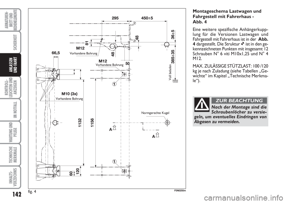 FIAT DUCATO 2007 Betriebsanleitung (in German) 142
KONTROLL-
LEUCHTEN UND
ANZEIGEN
IM NOTFALL
WARTUNG UND
PFLEGE
TECHNISCHE
MERKMALE
INHALTS-
VERZEICHNIS
ARMATUREN-
BRETT UND
BEDIENELEMENTE
SICHERHEIT
ANLASSEN
UND FAHRT
fig. 4F0N0250m
Montageschem FIAT DUCATO 2007 Betriebsanleitung (in German) 142
KONTROLL-
LEUCHTEN UND
ANZEIGEN
IM NOTFALL
WARTUNG UND
PFLEGE
TECHNISCHE
MERKMALE
INHALTS-
VERZEICHNIS
ARMATUREN-
BRETT UND
BEDIENELEMENTE
SICHERHEIT
ANLASSEN
UND FAHRT
fig. 4F0N0250m
Montageschem