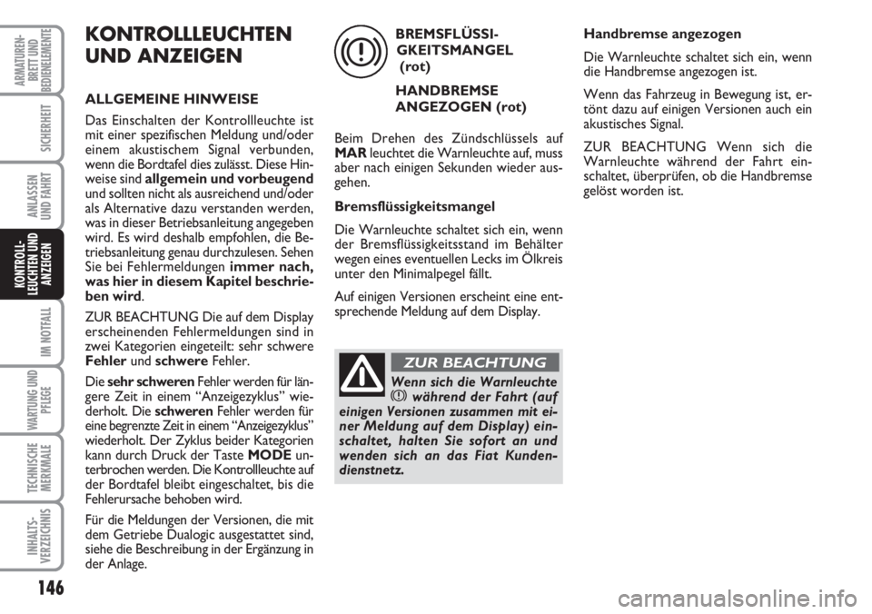FIAT DUCATO 2007 Betriebsanleitung (in German) 146
IM NOTFALL
WARTUNG UND
PFLEGE
TECHNISCHE
MERKMALE
INHALTS-
VERZEICHNIS
ARMATUREN-
BRETT UND
BEDIENELEMENTE
SICHERHEIT
ANLASSEN
UND FAHRT
KONTROLL-
LEUCHTEN UND
ANZEIGEN
KONTROLLLEUCHTEN
UND ANZEIG FIAT DUCATO 2007 Betriebsanleitung (in German) 146
IM NOTFALL
WARTUNG UND
PFLEGE
TECHNISCHE
MERKMALE
INHALTS-
VERZEICHNIS
ARMATUREN-
BRETT UND
BEDIENELEMENTE
SICHERHEIT
ANLASSEN
UND FAHRT
KONTROLL-
LEUCHTEN UND
ANZEIGEN
KONTROLLLEUCHTEN
UND ANZEIG