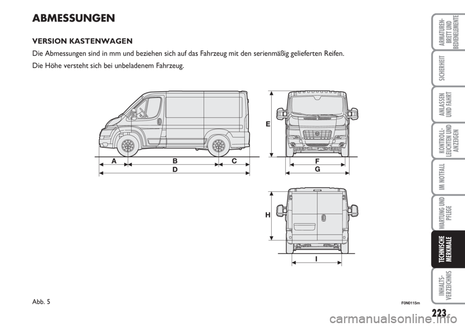 FIAT DUCATO 2007  Betriebsanleitung (in German) 223
KONTROLL-
LEUCHTEN UND
ANZEIGEN
INHALTS-
VERZEICHNIS
ARMATUREN-
BRETT UND
BEDIENELEMENTE
SICHERHEIT
ANLASSEN
UND FAHRT
IM NOTFALL
WARTUNG UND
PFLEGE
TECHNISCHE
MERKMALE
ABMESSUNGEN
VERSION KASTENW