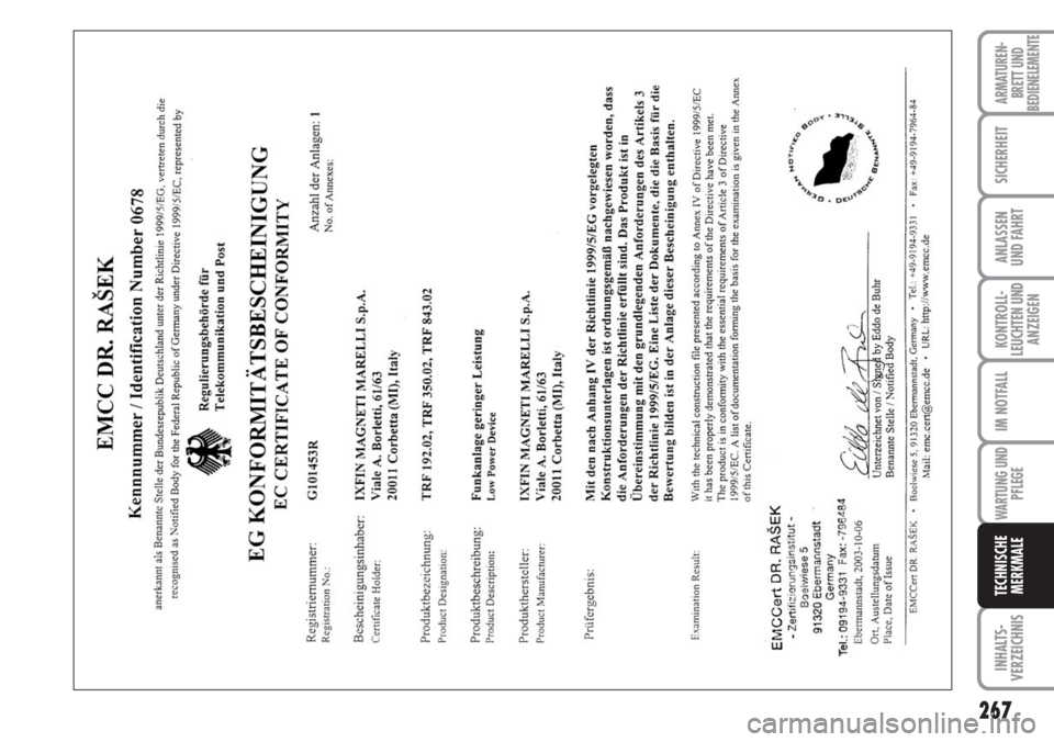 FIAT DUCATO 2007 Betriebsanleitung (in German) 267
KONTROLL-
LEUCHTEN UND
ANZEIGEN
INHALTS-
VERZEICHNIS
ARMATUREN-
BRETT UND
BEDIENELEMENTE
SICHERHEIT
ANLASSEN
UND FAHRT
IM NOTFALL
WARTUNG UND
PFLEGE
TECHNISCHE
MERKMALE FIAT DUCATO 2007 Betriebsanleitung (in German) 267
KONTROLL-
LEUCHTEN UND
ANZEIGEN
INHALTS-
VERZEICHNIS
ARMATUREN-
BRETT UND
BEDIENELEMENTE
SICHERHEIT
ANLASSEN
UND FAHRT
IM NOTFALL
WARTUNG UND
PFLEGE
TECHNISCHE
MERKMALE