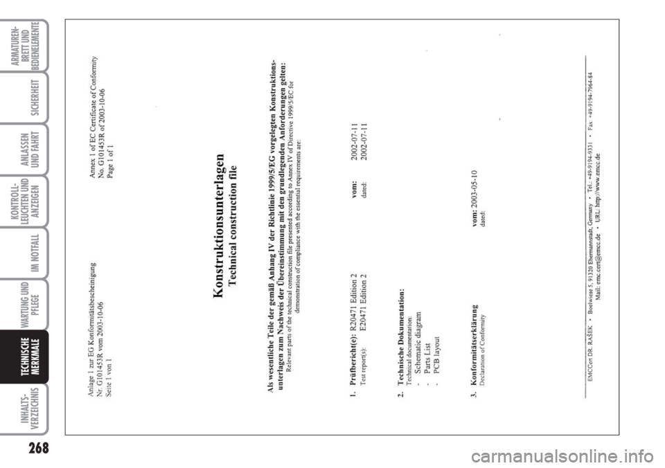FIAT DUCATO 2007 Betriebsanleitung (in German) 268
KONTROLL-
LEUCHTEN UND
ANZEIGEN
INHALTS-
VERZEICHNIS
ARMATUREN-
BRETT UND
BEDIENELEMENTE
SICHERHEIT
ANLASSEN
UND FAHRT
IM NOTFALL
WARTUNG UND
PFLEGE
TECHNISCHE
MERKMALE FIAT DUCATO 2007 Betriebsanleitung (in German) 268
KONTROLL-
LEUCHTEN UND
ANZEIGEN
INHALTS-
VERZEICHNIS
ARMATUREN-
BRETT UND
BEDIENELEMENTE
SICHERHEIT
ANLASSEN
UND FAHRT
IM NOTFALL
WARTUNG UND
PFLEGE
TECHNISCHE
MERKMALE
