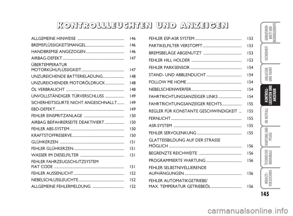 FIAT DUCATO 2008 Betriebsanleitung (in German) 145
IM NOTFALL
WARTUNG UND
PFLEGE
TECHNISCHE
MERKMALE
INHALTS-
VERZEICHNIS
ARMATUREN-
BRETT UND
BEDIENELEMENTE
SICHERHEIT
ANLASSEN
UND FAHRT
KONTROLL-
LEUCHTEN UND
ANZEIGEN
ALLGEMEINE HINWEISE ....... FIAT DUCATO 2008 Betriebsanleitung (in German) 145
IM NOTFALL
WARTUNG UND
PFLEGE
TECHNISCHE
MERKMALE
INHALTS-
VERZEICHNIS
ARMATUREN-
BRETT UND
BEDIENELEMENTE
SICHERHEIT
ANLASSEN
UND FAHRT
KONTROLL-
LEUCHTEN UND
ANZEIGEN
ALLGEMEINE HINWEISE .......
