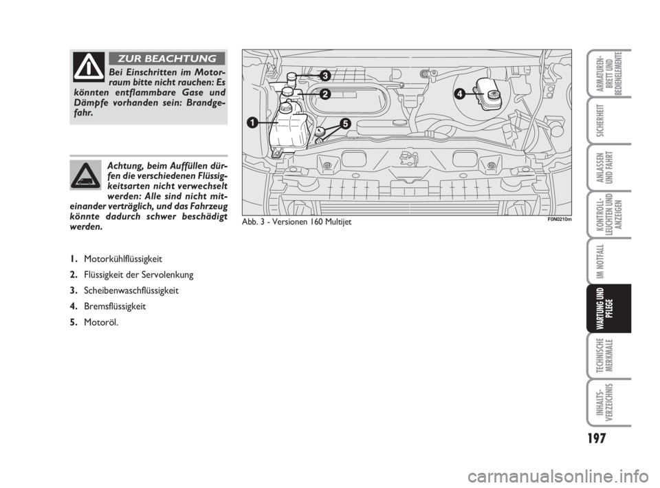 FIAT DUCATO 2008 Betriebsanleitung (in German) 197
KONTROLL-
LEUCHTEN UND
ANZEIGEN
TECHNISCHE
MERKMALE
INHALTS-
VERZEICHNIS
ARMATUREN-
BRETT UND
BEDIENELEMENTE
SICHERHEIT
ANLASSEN
UND FAHRT
IM NOTFALL
WARTUNG UND
PFLEGE
Achtung, beim Auffüllen d FIAT DUCATO 2008 Betriebsanleitung (in German) 197
KONTROLL-
LEUCHTEN UND
ANZEIGEN
TECHNISCHE
MERKMALE
INHALTS-
VERZEICHNIS
ARMATUREN-
BRETT UND
BEDIENELEMENTE
SICHERHEIT
ANLASSEN
UND FAHRT
IM NOTFALL
WARTUNG UND
PFLEGE
Achtung, beim Auffüllen d