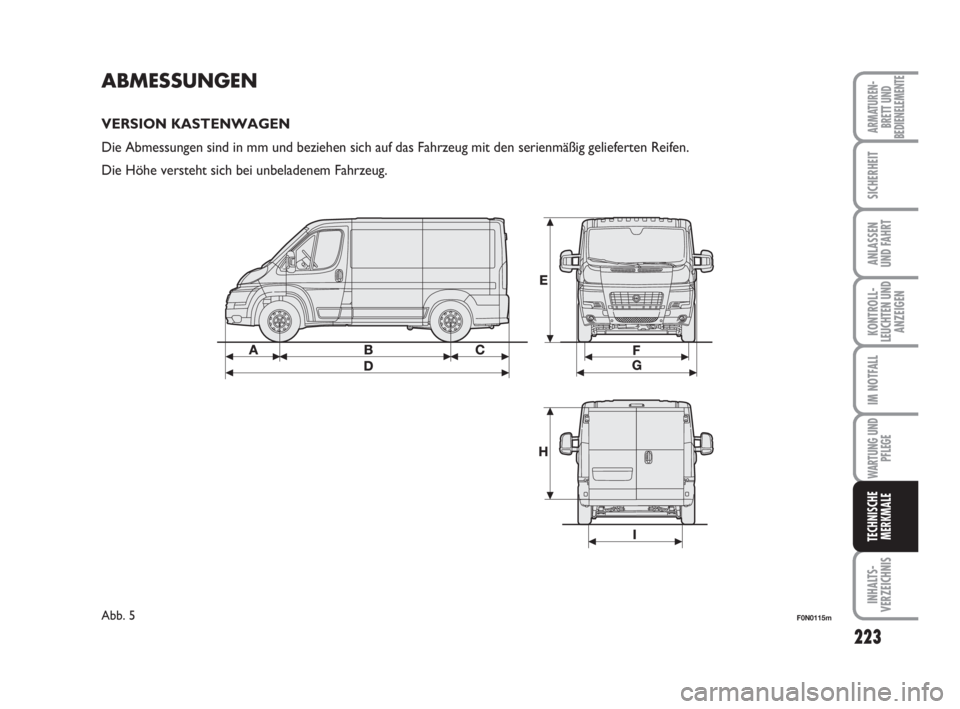 FIAT DUCATO 2008 Betriebsanleitung (in German) 223
KONTROLL-
LEUCHTEN UND
ANZEIGEN
INHALTS-
VERZEICHNIS
ARMATUREN-
BRETT UND
BEDIENELEMENTE
SICHERHEIT
ANLASSEN
UND FAHRT
IM NOTFALL
WARTUNG UND
PFLEGE
TECHNISCHE
MERKMALE
ABMESSUNGEN
VERSION KASTENW FIAT DUCATO 2008 Betriebsanleitung (in German) 223
KONTROLL-
LEUCHTEN UND
ANZEIGEN
INHALTS-
VERZEICHNIS
ARMATUREN-
BRETT UND
BEDIENELEMENTE
SICHERHEIT
ANLASSEN
UND FAHRT
IM NOTFALL
WARTUNG UND
PFLEGE
TECHNISCHE
MERKMALE
ABMESSUNGEN
VERSION KASTENW
