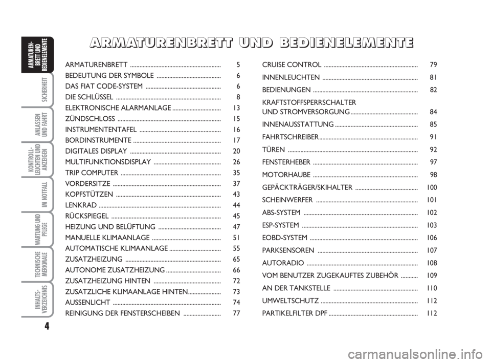 FIAT DUCATO 2008  Betriebsanleitung (in German) 4
SICHERHEIT
ANLASSEN
UND FAHRT
KONTROLL-
LEUCHTEN UND
ANZEIGEN
IM NOTFALL
WARTUNG UND
PFLEGE
TECHNISCHE
MERKMALE
INHALTS-
VERZEICHNIS
ARMATUREN-
BRETT UND
BEDIENELEMENTEARMATURENBRETT ...............