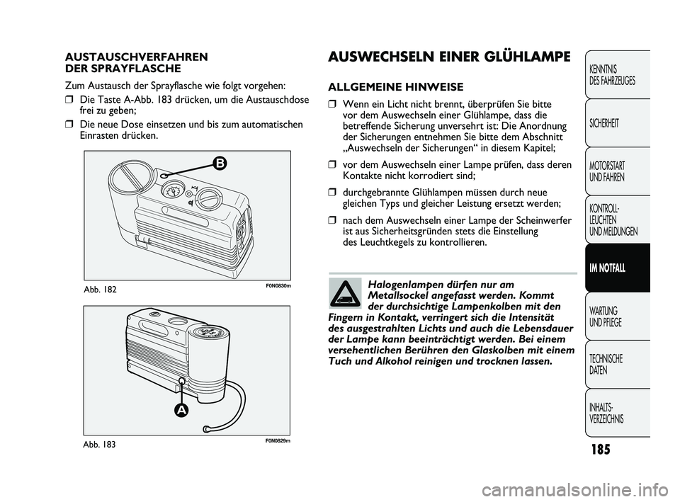 FIAT DUCATO 2010 Betriebsanleitung (in German) B
F0N0830mAbb. 182
F0N0829mAbb. 183
AUSWECHSELN EINER GLÜHLAMPE
ALLGEMEINE HINWEISE
❒Wenn ein Licht nicht brennt, überprüfen Sie bitte
vor dem Auswechseln einer Glühlampe, dass die
betreffende S FIAT DUCATO 2010 Betriebsanleitung (in German) B
F0N0830mAbb. 182
F0N0829mAbb. 183
AUSWECHSELN EINER GLÜHLAMPE
ALLGEMEINE HINWEISE
❒Wenn ein Licht nicht brennt, überprüfen Sie bitte
vor dem Auswechseln einer Glühlampe, dass die
betreffende S