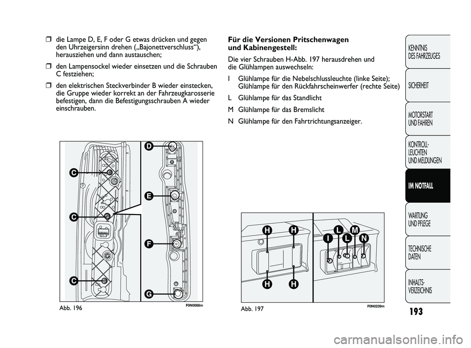 FIAT DUCATO 2010 Betriebsanleitung (in German) 193
KENNTNIS
DES FAHRZEUGES
SICHERHEIT
MOTORSTART
UND FAHREN
KONTROLL-
LEUCHTEN
UND MELDUNGEN
IM NOTFALL
WARTUNG
UND PFLEGE
TECHNISCHE
DATEN
INHALTS-
VERZEICHNIS
F0N0088mAbb. 196
❒die Lampe D, FIAT DUCATO 2010 Betriebsanleitung (in German) 193
KENNTNIS
DES FAHRZEUGES
SICHERHEIT
MOTORSTART
UND FAHREN
KONTROLL-
LEUCHTEN
UND MELDUNGEN
IM NOTFALL
WARTUNG
UND PFLEGE
TECHNISCHE
DATEN
INHALTS-
VERZEICHNIS
F0N0088mAbb. 196
❒die Lampe D,