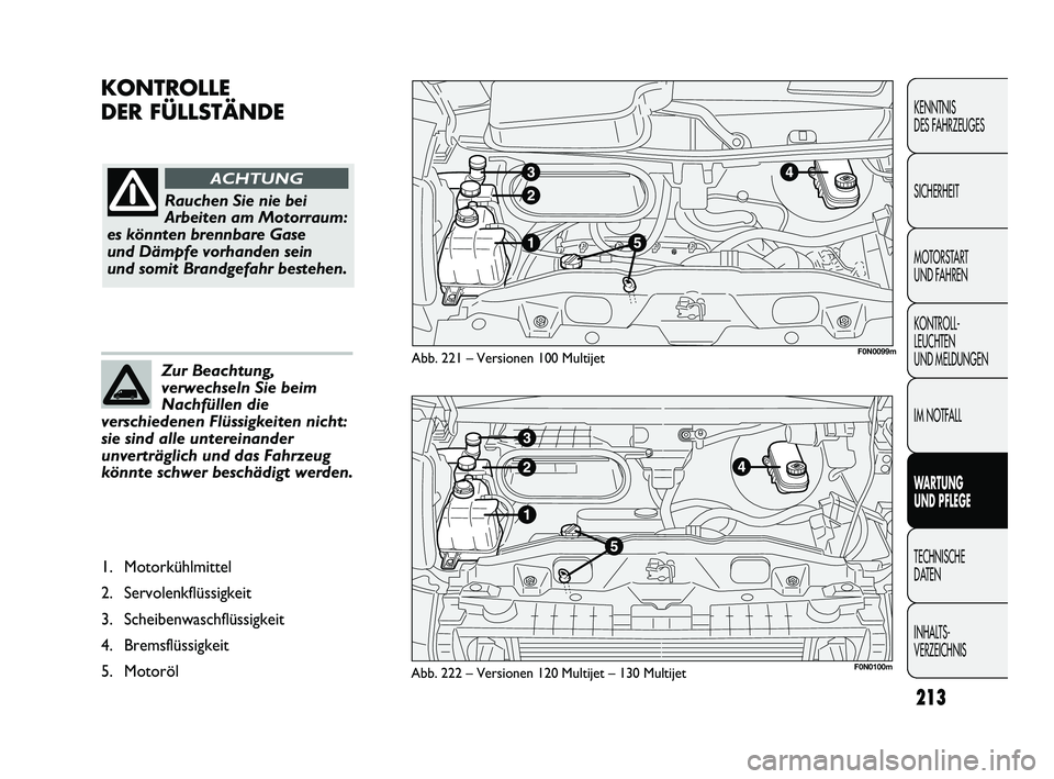 FIAT DUCATO 2010  Betriebsanleitung (in German) KONTROLLE
DER FÜLLSTÄNDE
213
KENNTNIS 
DES FAHRZEUGES
SICHERHEIT
MOTORSTART 
UND FAHREN
KONTROLL-
LEUCHTEN 
UND MELDUNGEN
IM NOTFALL
WARTUNG 
UND PFLEGE
TECHNISCHE 
DATEN
INHALTS-
VERZEICHNIS
Abb. 2