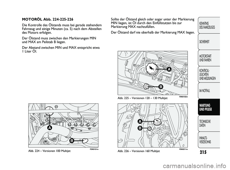 FIAT DUCATO 2010  Betriebsanleitung (in German) F0N0101mAbb. 224 – Versionen 100 MultijetF0N0211mAbb. 226 – Versionen 160 Multijet
F0N0102mAbb. 225 – Versionen 120 – 130 Multijet
Sollte der Ölstand gleich oder sogar unter der Markierung
MI