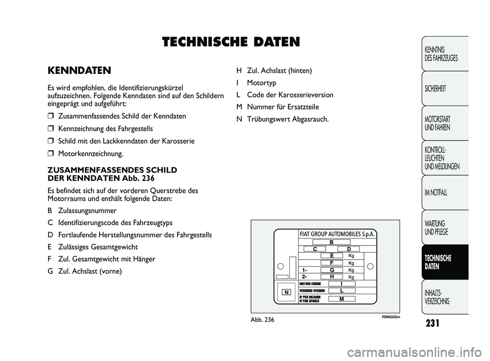 FIAT DUCATO 2010  Betriebsanleitung (in German) F0N0333mAbb. 236
H Zul. Achslast (hinten)
I Motortyp
L Code der Karosserieversion
M Nummer für Ersatzteile
N Trübungswert Abgasrauch.
231
KENNTNIS 
DES FAHRZEUGES
SICHERHEIT
MOTORSTART 
UND FAHREN
K