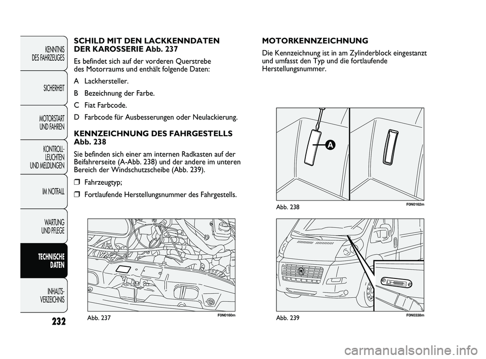 FIAT DUCATO 2009  Betriebsanleitung (in German) F0N0160mAbb. 237F0N0338mAbb. 239
F0N0162mAbb. 238
MOTORKENNZEICHNUNG
Die Kennzeichnung ist in am Zylinderblock eingestanzt
und umfasst den Typ und die fortlaufende
Herstellungsnummer.
SCHILD MIT DEN L