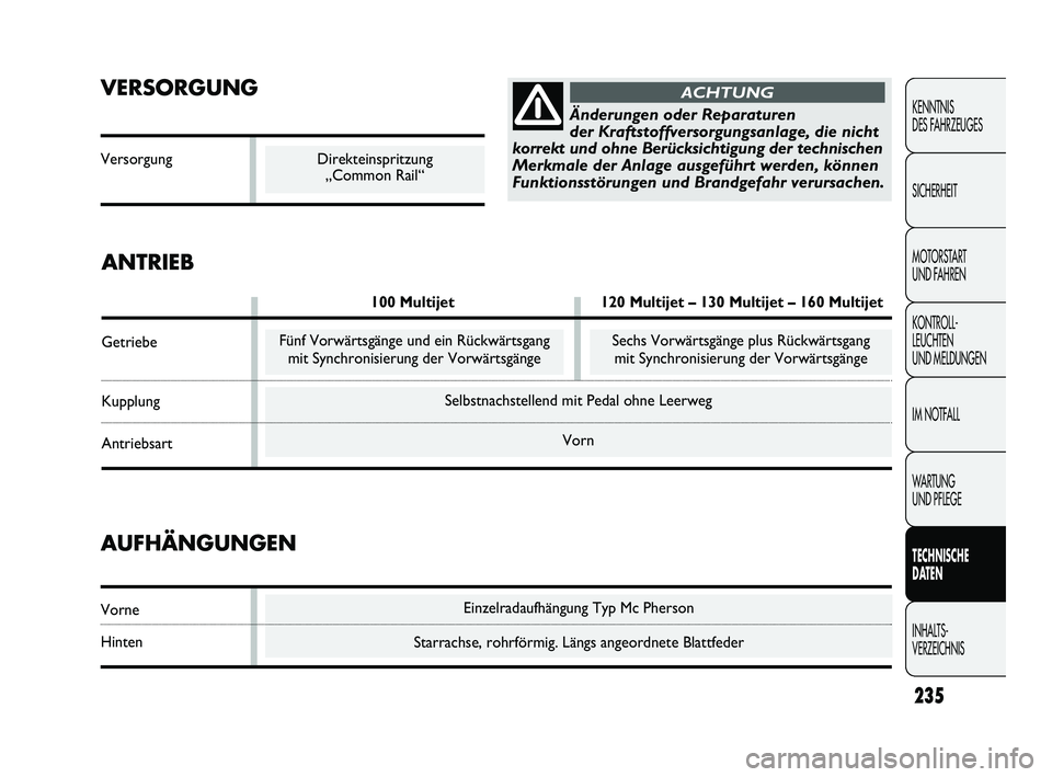FIAT DUCATO 2010  Betriebsanleitung (in German) Einzelradaufhängung Typ Mc Pherson
Starrachse, rohrförmig. Längs angeordnete Blattfeder
Selbstnachstellend mit Pedal ohne Leerweg
Vorn
VERSORGUNG
Versorgung
235
KENNTNIS 
DES FAHRZEUGES
SICHERHEIT
