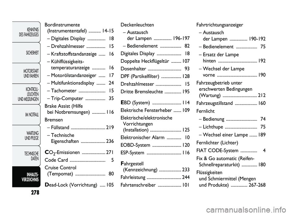 FIAT DUCATO 2009  Betriebsanleitung (in German) 278
KENNTNIS 
DES FAHRZEUGES
SICHERHEIT
MOTORSTART 
UND FAHREN
KONTROLL-
LEUCHTEN 
UND MELDUNGEN
IM NOTFALL
WARTUNG 
UND PFLEGE
TECHNISCHE 
DATEN
INHALTS -
VERZEICHNIS
Bordinstrumente
(Instrumententaf