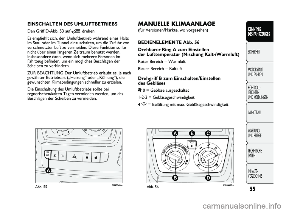 FIAT DUCATO 2010  Betriebsanleitung (in German) 55
KENNTNIS 
DES FAHRZEUGES
SICHERHEIT
MOTORSTART 
UND FAHREN
KONTROLL-
LEUCHTEN 
UND MELDUNGEN
IM NOTFALL
WARTUNG 
UND PFLEGE
TECHNISCHE 
DATEN
INHALTS-
VERZEICHNIS
F0N0043mAbb. 55
MANUELLE KLIMAANLA