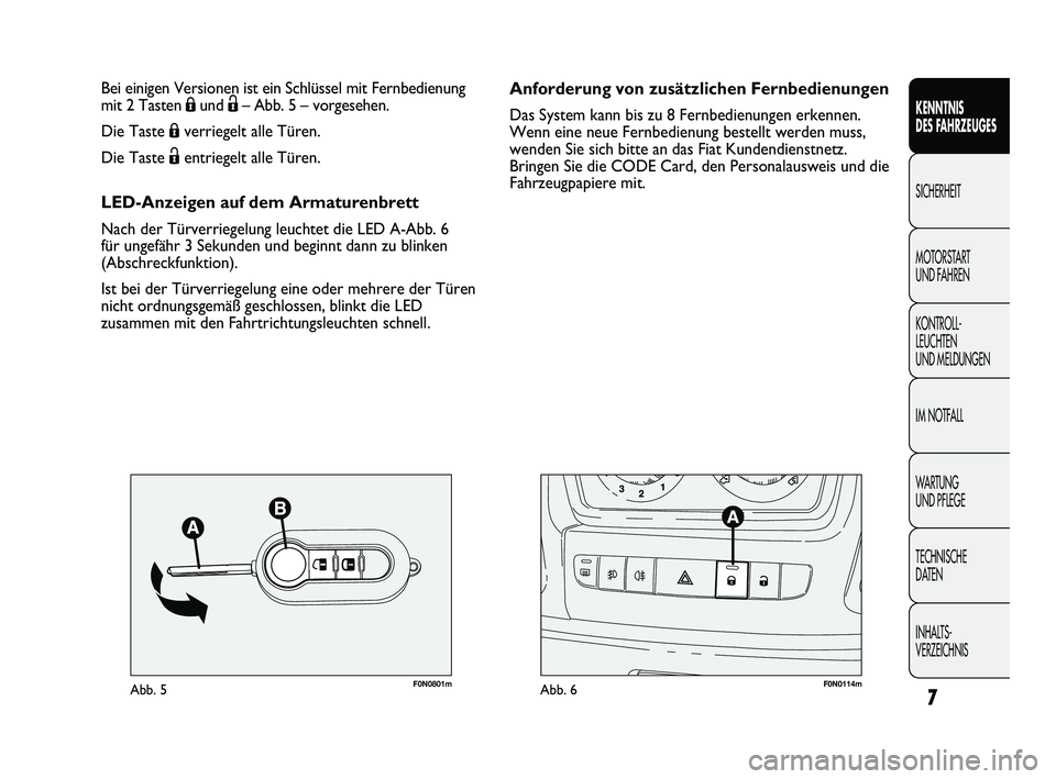 FIAT DUCATO 2010  Betriebsanleitung (in German) 7
KENNTNIS 
DES FAHRZEUGES
SICHERHEIT
MOTORSTART 
UND FAHREN
KONTROLL-
LEUCHTEN 
UND MELDUNGEN
IM NOTFALL
WARTUNG 
UND PFLEGE
TECHNISCHE 
DATEN
INHALTS-
VERZEICHNIS
F0N0801mAbb. 5F0N0114mAbb. 6
Anford