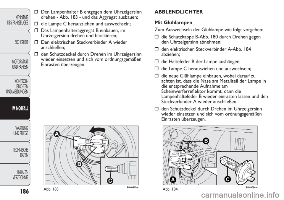 FIAT DUCATO 2011  Betriebsanleitung (in German) 186
KENNTNIS
DES FAHRZEUGES
SICHERHEIT
MOTORSTART 
UND FAHREN
KONTROLL-
LEUCHTEN
UND MELDUNGEN
IM NOTFALL
WARTUNG 
UND PFLEGE
TECHNISCHE
DATEN
INHALTS -
VERZEICHNIS
F0N0517mAbb. 183
❒Den Lampenhalte