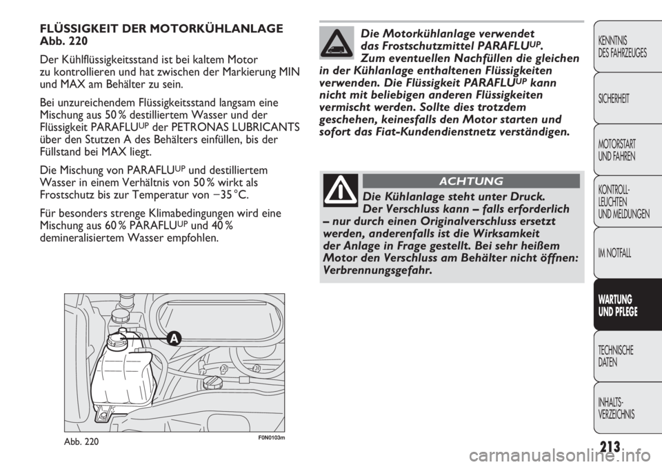 FIAT DUCATO 2011  Betriebsanleitung (in German) 213
KENNTNIS
DES FAHRZEUGES
SICHERHEIT
MOTORSTART 
UND FAHREN
KONTROLL-
LEUCHTEN
UND MELDUNGEN
IM NOTFALL
WARTUNG 
UND PFLEGE
TECHNISCHE
DATEN
INHALTS-
VERZEICHNIS
F0N0103mAbb. 220
FLÜSSIGKEIT DER MO