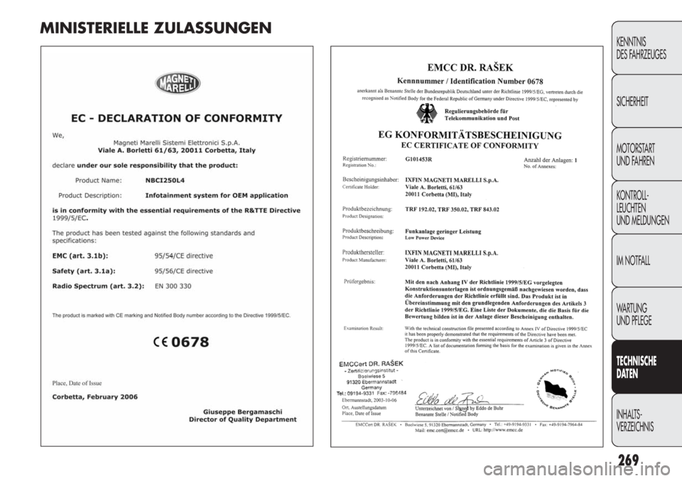 FIAT DUCATO 2011 Betriebsanleitung (in German) 269
KENNTNIS
DES FAHRZEUGES
SICHERHEIT
MOTORSTART
UND FAHREN
KONTROLL-
LEUCHTEN
UND MELDUNGEN
IM NOTFALL
WARTUNG
UND PFLEGE
TECHNISCHE
DATEN
INHALTS-
VERZEICHNIS
MINISTERIELLE ZULASSUNGEN FIAT DUCATO 2011 Betriebsanleitung (in German) 269
KENNTNIS
DES FAHRZEUGES
SICHERHEIT
MOTORSTART
UND FAHREN
KONTROLL-
LEUCHTEN
UND MELDUNGEN
IM NOTFALL
WARTUNG
UND PFLEGE
TECHNISCHE
DATEN
INHALTS-
VERZEICHNIS
MINISTERIELLE ZULASSUNGEN