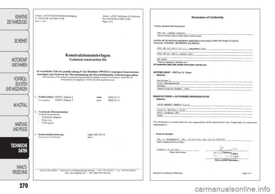 FIAT DUCATO 2011 Betriebsanleitung (in German) 270
KENNTNIS
DES FAHRZEUGES
SICHERHEIT
MOTORSTART
UND FAHREN
KONTROLL-
LEUCHTEN
UND MELDUNGEN
IM NOTFALL
WARTUNG
UND PFLEGE
TECHNISCHE
DATEN
INHALTS -
VERZEICHNIS FIAT DUCATO 2011 Betriebsanleitung (in German) 270
KENNTNIS
DES FAHRZEUGES
SICHERHEIT
MOTORSTART
UND FAHREN
KONTROLL-
LEUCHTEN
UND MELDUNGEN
IM NOTFALL
WARTUNG
UND PFLEGE
TECHNISCHE
DATEN
INHALTS -
VERZEICHNIS