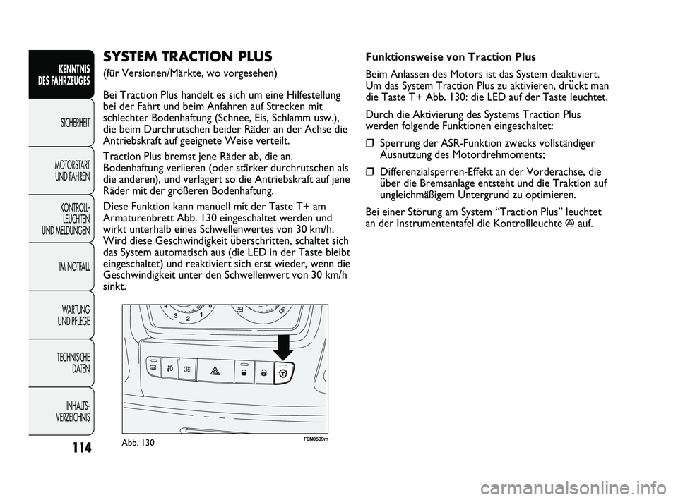 FIAT DUCATO 2013  Betriebsanleitung (in German) F0N0509mAbb. 130 
Funktionsweise von Traction Plus
Beim Anlassen des Motors ist das System deaktiviert.
Um das System Traction Plus zu aktivieren, dru¨ckt man
die Taste T+ Abb. 130: die LED auf der T