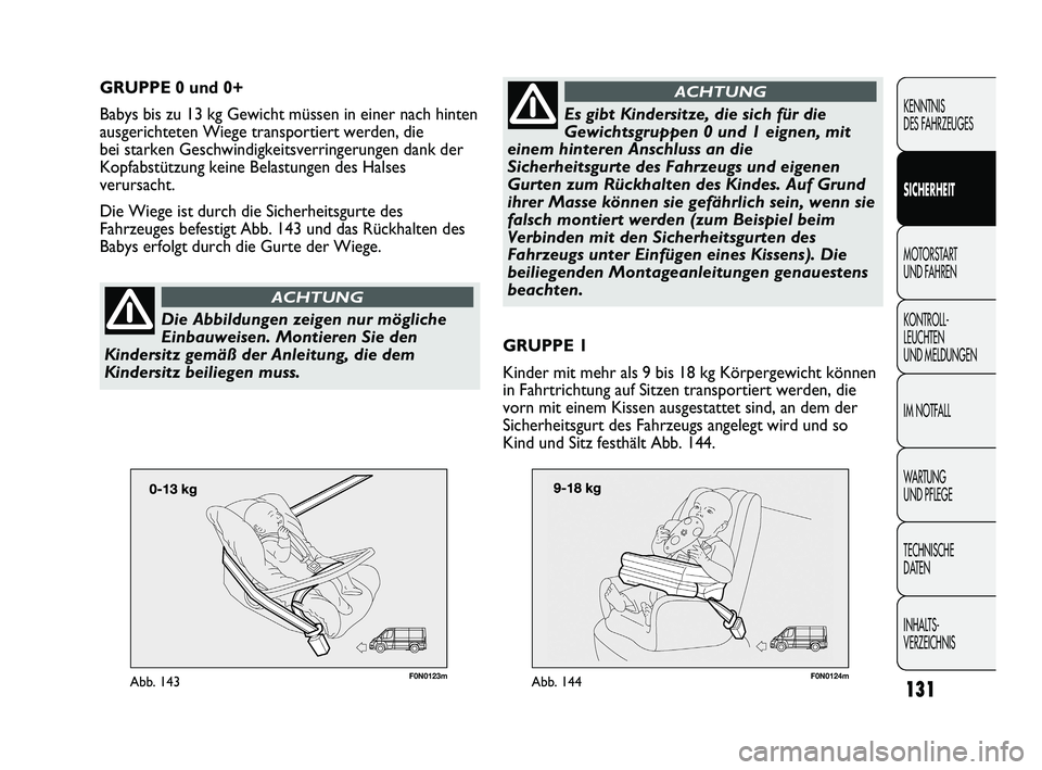 FIAT DUCATO 2013 Betriebsanleitung (in German) F0N0123mAbb. 143131
KENNTNIS
DES FAHRZEUGES
SICHERHEIT
MOTORSTART
UND FAHREN
KONTROLL-
LEUCHTEN
UND MELDUNGEN
IM NOTFALL
WARTUNG
UND PFLEGE
TECHNISCHE
DATEN
INHALTS-
VERZEICHNIS
GRUPPE 0 und 0+
B FIAT DUCATO 2013 Betriebsanleitung (in German) F0N0123mAbb. 143131
KENNTNIS
DES FAHRZEUGES
SICHERHEIT
MOTORSTART
UND FAHREN
KONTROLL-
LEUCHTEN
UND MELDUNGEN
IM NOTFALL
WARTUNG
UND PFLEGE
TECHNISCHE
DATEN
INHALTS-
VERZEICHNIS
GRUPPE 0 und 0+
B