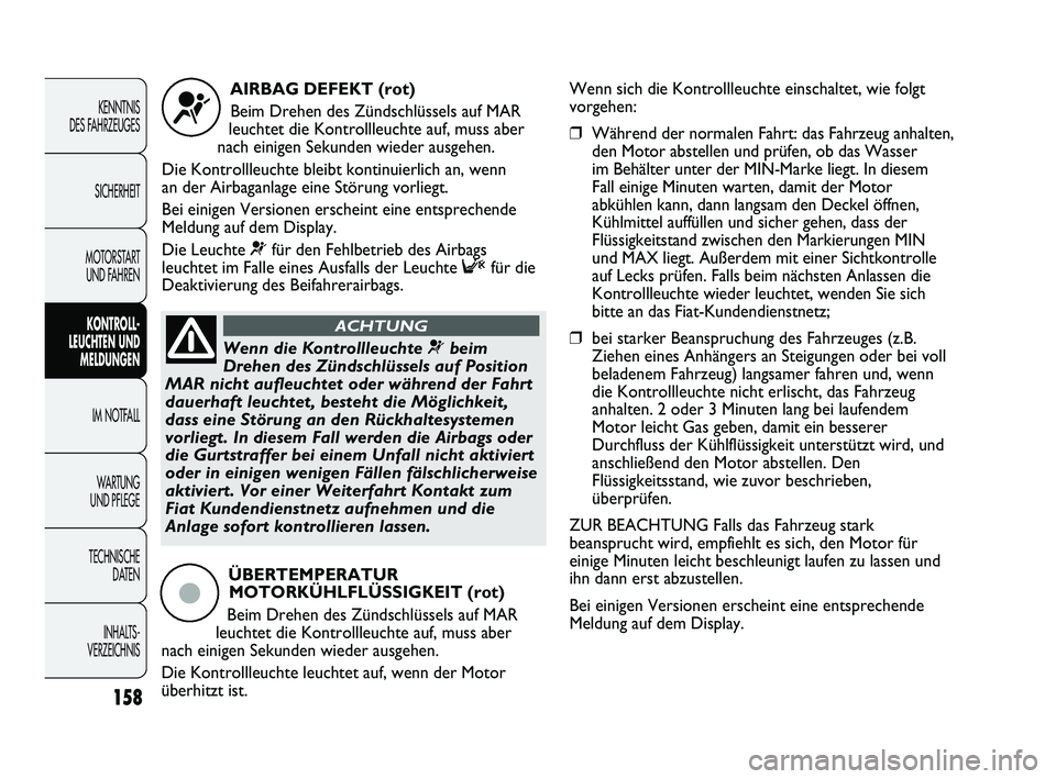 FIAT DUCATO 2013 Betriebsanleitung (in German) 158
KENNTNIS
DES FAHRZEUGES
SICHERHEIT
MOTORSTART
UND FAHREN
KONTROLL-
LEUCHTEN UND
MELDUNGEN
IM NOTFALL
WARTUNG
UND PFLEGE
TECHNISCHE
DATEN
INHALTS -
VERZEICHNIS
AIRBAG DEFEKT (rot)
Beim Drehen d FIAT DUCATO 2013 Betriebsanleitung (in German) 158
KENNTNIS
DES FAHRZEUGES
SICHERHEIT
MOTORSTART
UND FAHREN
KONTROLL-
LEUCHTEN UND
MELDUNGEN
IM NOTFALL
WARTUNG
UND PFLEGE
TECHNISCHE
DATEN
INHALTS -
VERZEICHNIS
AIRBAG DEFEKT (rot)
Beim Drehen d