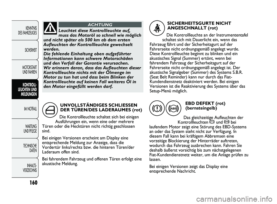 FIAT DUCATO 2013  Betriebsanleitung (in German) 160
KENNTNIS 
DES FAHRZEUGES
SICHERHEIT
MOTORSTART 
UND FAHREN
KONTROLL-
LEUCHTEN UND
MELDUNGEN
IM NOTFALL
WARTUNG 
UND PFLEGE
TECHNISCHE 
DATEN
INHALTS -
VERZEICHNISUNVOLLSTÄNDIGES SCHLIESSEN
DER T�