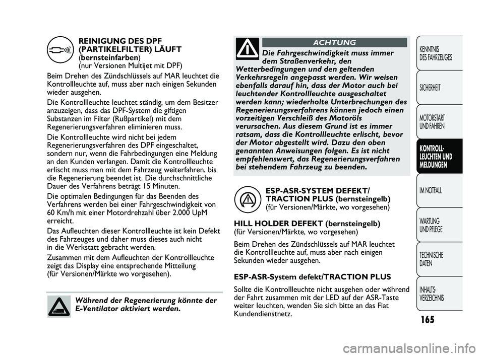 FIAT DUCATO 2013  Betriebsanleitung (in German) 165
KENNTNIS 
DES FAHRZEUGES
SICHERHEIT
MOTORSTART 
UND FAHREN
KONTROLL-
LEUCHTEN UND
MELDUNGEN
IM NOTFALL
WARTUNG 
UND PFLEGE
TECHNISCHE 
DATEN
INHALTS-
VERZEICHNISESP-ASR-SYSTEM DEFEKT/ 
TRACTION PL