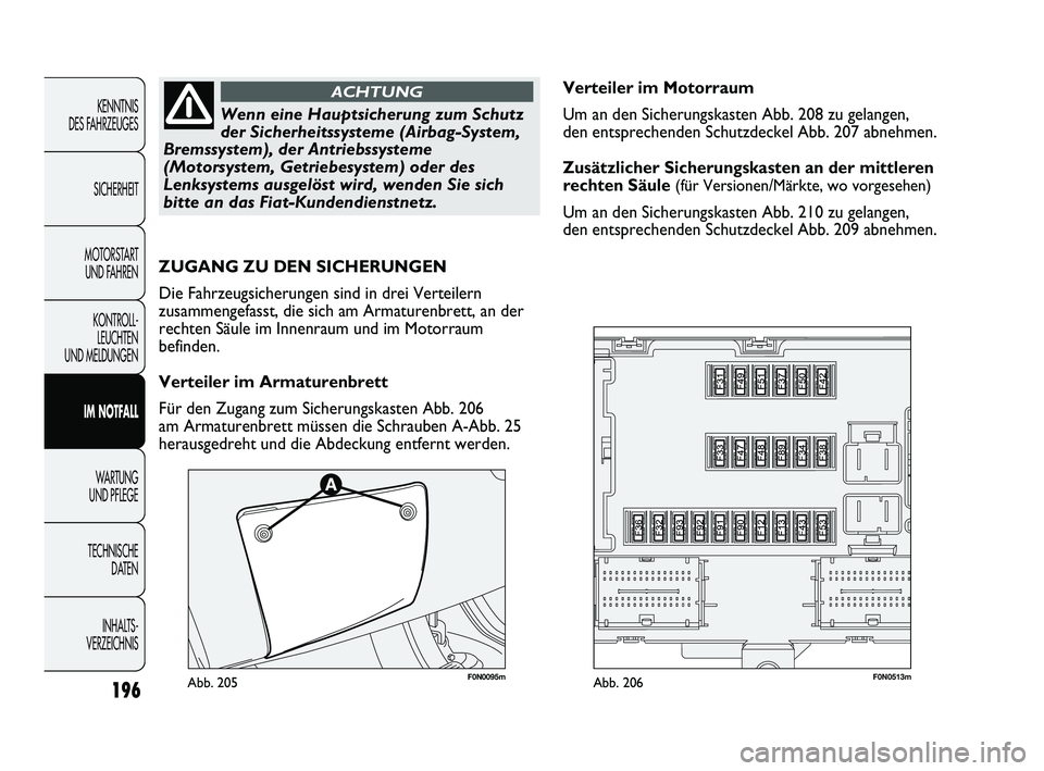 FIAT DUCATO 2013 Betriebsanleitung (in German) 196
KENNTNIS
DES FAHRZEUGES
SICHERHEIT
MOTORSTART
UND FAHREN
KONTROLL-
LEUCHTEN
UND MELDUNGEN
IM NOTFALL
WARTUNG
UND PFLEGE
TECHNISCHE
DATEN
INHALTS -
VERZEICHNIS
Wenn eine Hauptsicherung zum Sch FIAT DUCATO 2013 Betriebsanleitung (in German) 196
KENNTNIS
DES FAHRZEUGES
SICHERHEIT
MOTORSTART
UND FAHREN
KONTROLL-
LEUCHTEN
UND MELDUNGEN
IM NOTFALL
WARTUNG
UND PFLEGE
TECHNISCHE
DATEN
INHALTS -
VERZEICHNIS
Wenn eine Hauptsicherung zum Sch